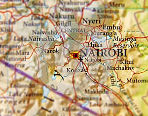 Geographic map of Kenya and focus on capital of Nairobi