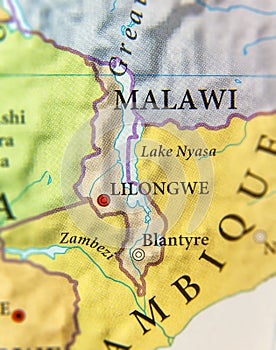 Geographic map of Malawi country with important cities
