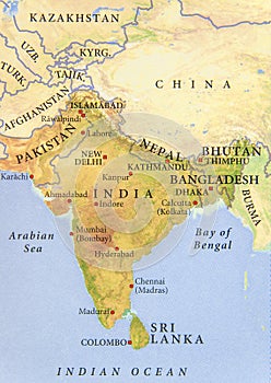 Geographic map of Pakistan, India, Nepal, Bangladesh and Bhutan with important cities