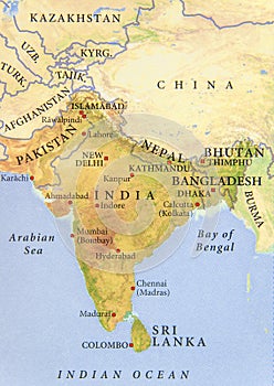 Geographic map of Pakistan, India, Nepal, Bangladesh and Bhutan with important cities photo