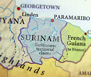 Geographic map of Surinam country with important cities