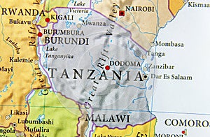 Geographic map of Tanzania country with important cities