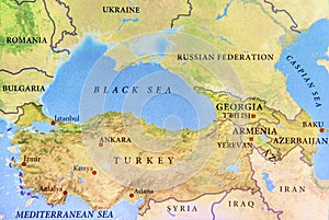 Geographic map of Turkey with important cities and Black sea