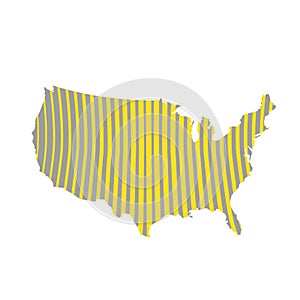 Geographic map of the United States of America with striped gray and yellow texture. Abstract vertical lines in shape of