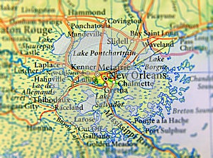 Geographic map of US state Louisiana and New Orleans city close