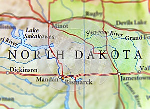 Geographic map of US state North Dakota with important cities