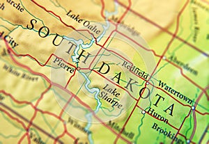 Geographic map of US state South Dakota with important cities
