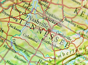 Geographic map of US state Tennessee with important cities