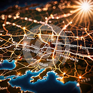 Geographic map, virtual representation of land geography topography