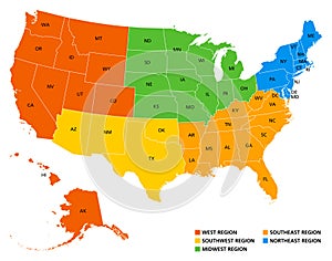 Geographic regions of the United States of America, political map