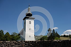 Geographical Centre of Europe Geograficky stred Europy near Kremnica and Kremnicke Bane, Slovakia with church tower