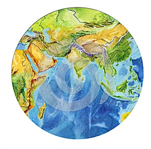 Geographical map of the world. Fragment of Africa, Asia, Europe, Arabian Peninsula, in the round shape. Realistic watercolor