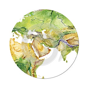 Geographical map of the world. Fragment of Africa, Asia, Europe, Arabian Peninsula, in the round shape. Realistic watercolor