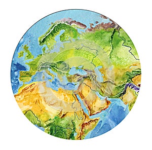 Geographical map of the world. Fragment of Africa, Asia, Europe, Arabian Peninsula, in the round shape. Realistic watercolor