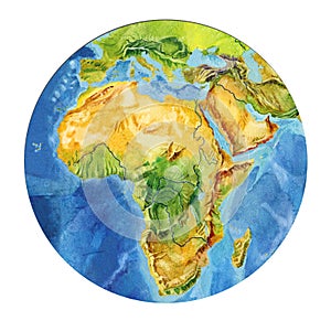 Geographical map of the world. Fragment of Africa, Asia, Europe, Arabian Peninsula, in the round shape. Realistic watercolor