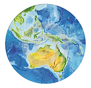 Geographical map of the world. Fragment Asia, Indonesia Australia, Oceania, in a round shape. Realistic watercolor drawing