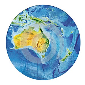 Geographical map of the world. Fragment Asia, Indonesia Australia, Oceania, in a round shape. Realistic watercolor drawing