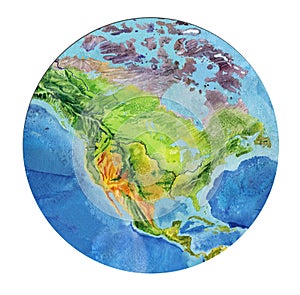 Geographical map of the world. Fragment of North America, in a round shape. Realistic watercolor drawing