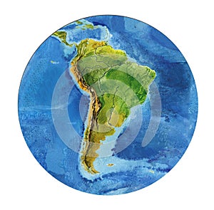 Geographical map of the world. Fragment of South America, in a round shape. Realistic watercolor drawing
