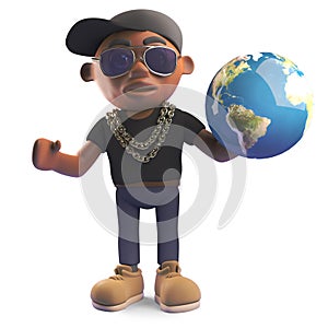 Geographically minded black hiphop rapper with globe of the Earth, 3d illustration