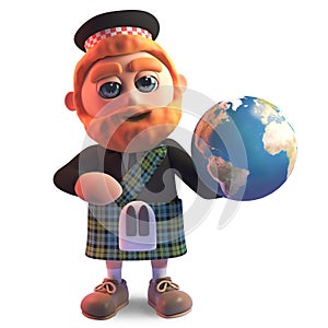 Geographically minded Scottish man in kilt holds globe of the Earth, 3d illustration