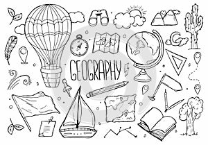 Geography doodle set. Education and study concept. map, globe, compass in sketch style. Hand drawn vector illustration isolated on