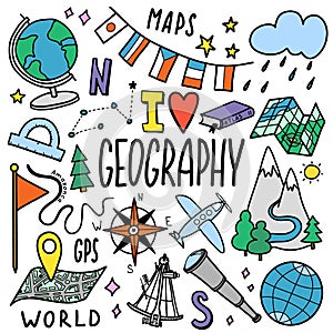 Geography and geology education subject handwriting doodle icon of earth exploration and map design sign and symbol in