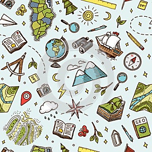 Geography symbols seamless pattern. Equipments for web banners background. Vintage outline sketch for web banners