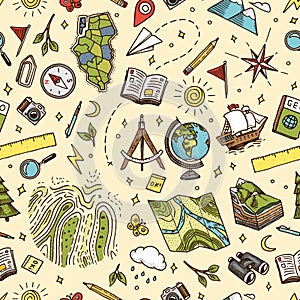 Geography symbols seamless pattern. Equipments for web banners background. Vintage outline sketch for web banners