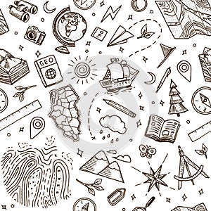 Geography symbols seamless pattern. Equipments for web banners background. Vintage outline sketch for web banners