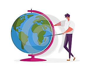 Geography Teacher Male Character Conducting Class Pointing on Huge Globe Stand in Classroom