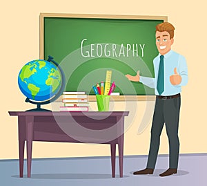 Geography teacher stands at the blackboard