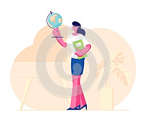 Geography Teacher Woman Character Holding Globe and Class Journal Stand on Classroom Background with Table, Blackboard