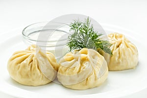 Geogrian dumpling khinkali with meat and vegetables, close up on a white background