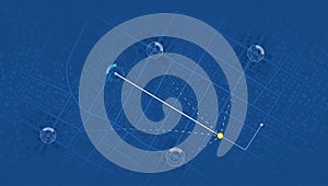 Abstract GPS navigation, smart car location and map pointer. City map featuring directional signs, an intended goal