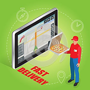 Geolocation gps navigation touch screen tablet and Fast delivery service. Pizza delivery concept. Flat 3d vector