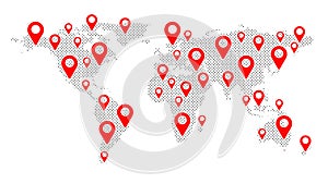 Geolocation on the world map. Planet Earth. America, Asia, Africa, USA. Red markers  icons. Map of points. Global network.