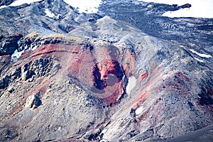 Geologic layers on volcanic mountains of Deception Island, Antarctica.