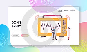 Geological Cataclysm Landing Page Template. Tiny Scientists Characters Look on Huge Seismograph Machine