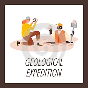 Geological expedition cartoon vector poster, man dug up and found an mineral, woman scientist with magnifying glass