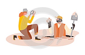 Geological expedition, man dug up and found an mineral, woman scientist with magnifying glass vector flat illustration