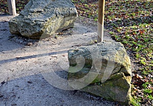 The geological exposition in the city park is for the education of students walking along the path and reading about the geologica photo