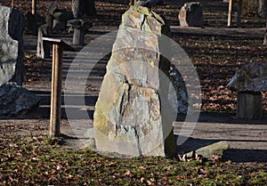 The geological exposition in the city park is for the education of students walking along the path and reading about the geologica photo