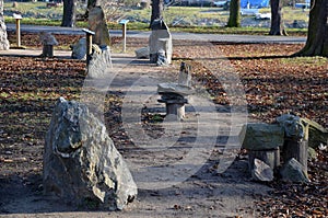 The geological exposition in the city park is for the education of students walking along the path and reading about the geologica photo