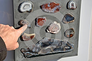 Geological exposition where cut and polished precious stones such as opal, agate and other colored types of quartz are glued to th