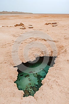 Geological faults of earth filled turquoise water, result of earthquakes, vertical frame