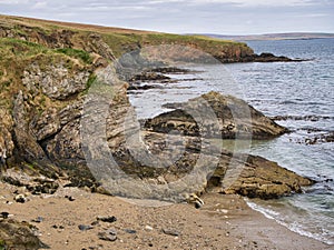 Geological folds and inclines in rock strata in coastal rocks near Ollaberry in Northmavine, Shetland, UK