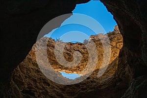 Geological formation of sandstones from Benagil cave in Portugal