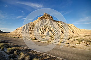 Geological formations in Las Bardenas Reales desert, Navarra, Spain.