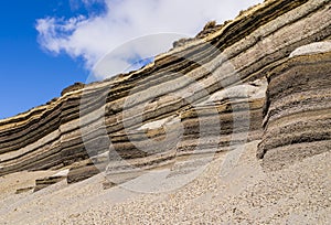 Geological formations made of colorful pyroclastic layers on the slopes of Chimborazo national park, Ecuador